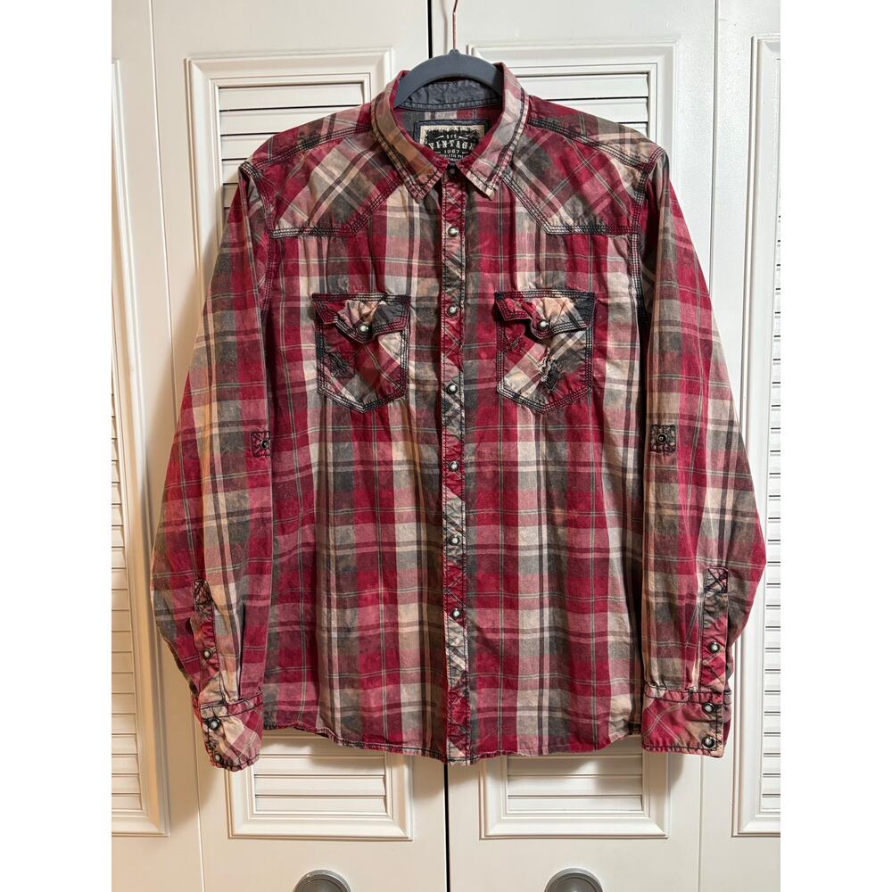 BKE VTG Americana Distressed Sz M Men Athletic Fit Western Shirt Pearl Buttons